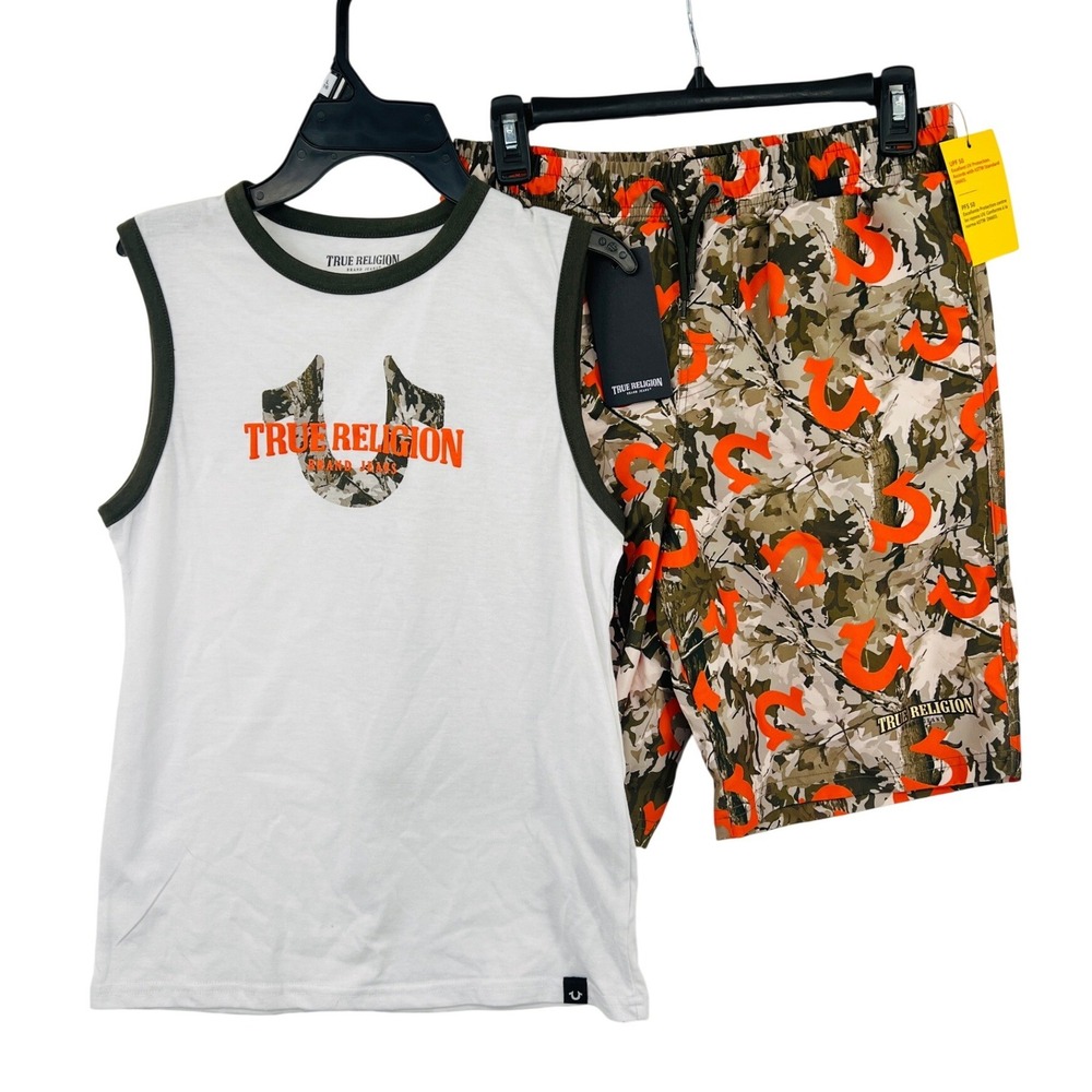True Religion Swim Set Boys Size L 16 White Camo 2 Piece Tank and Trunks UPF‎ 50